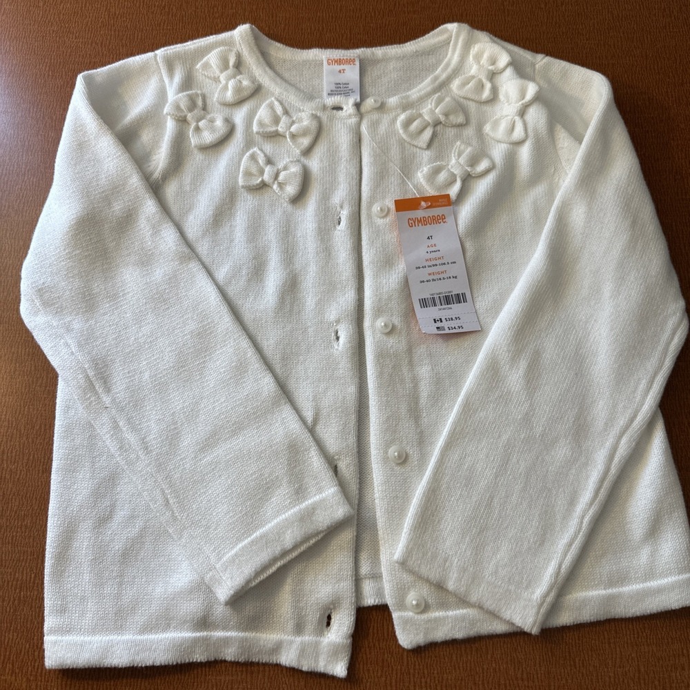 NWT Gymboreee White 100% Cotton Cardigan Sweater With Bows Size 4 Toddler